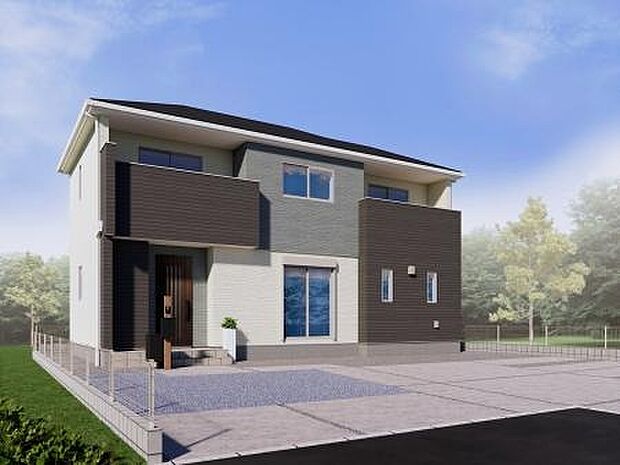 【【5号棟　建物外観イメージパース】】外壁は上品な色合いで張り分けられ、落ち着いた印象の外観に仕上がっています！
長く住んでも飽きの来ない、幅広い世代に愛されるデザインです。