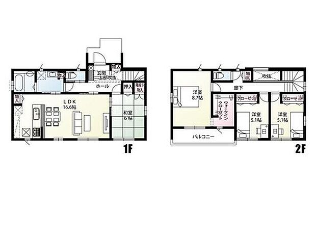 【4LDK】玄関上部に吹き抜けを設け、玄関を入ると心地よい開放感を感じるプランです！主寝室には大容量ウォークインクローゼットを完備しています！