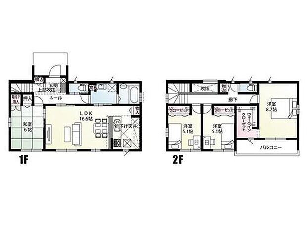 【4LDK】全居室南向きの陽当たり良好な4LDKです。16.6帖のゆったりLDK、キッチン横はパントリー、広~い8.7帖主寝室には大きなウォークインクローゼットをプランニングしました。