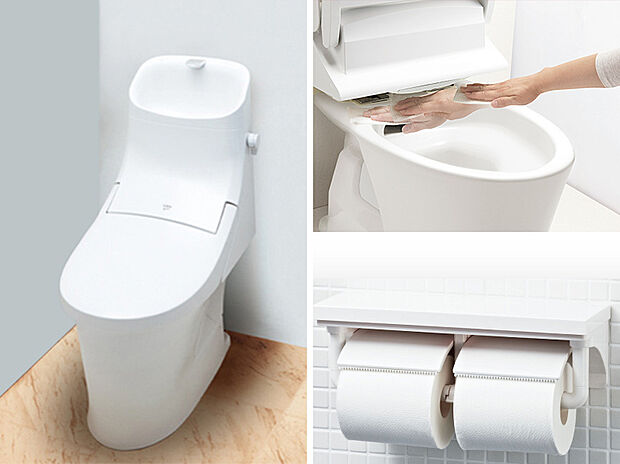 【【3号棟 トイレ(同仕様・同形状写真)】】フチレス形状やお掃除リフトアップ機能などお手入れのしやすさが特徴。壁設置型のリモコンと2連紙巻き器が備え付けとなっている超節水タイプのシャワートイレです。