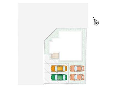 駐車スペース４台分完備。不在時の荷物の受け取りに便利な、宅配ボックス搭載門柱付き。外水栓が標準装備！ 