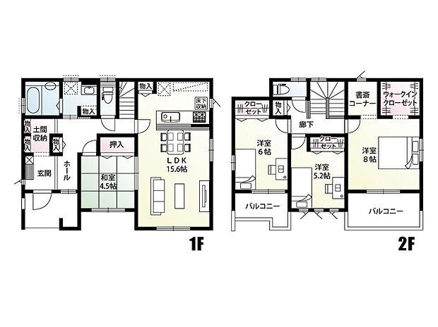 【4LDK】2号棟 玄関には広く可動棚の付いた土間収納があり、そこから玄関ホールまで上がることも可能です!2階にはウォークインクローゼットと書斎コーナーのある8帖主寝室がございます!またバルコニーも広くお洗濯物干しもラクラクです♪