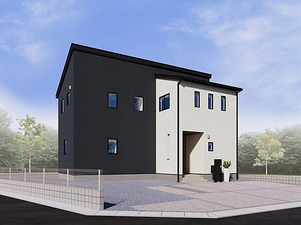 【【5号棟 完成イメージ】】ブラックとホワイトのモノトーン2色を基調とし、ウッド調のブラウンでアクセントをつけた外観デザインです!スッキリしたスタイリッシュさをもつお洒落な一邸!