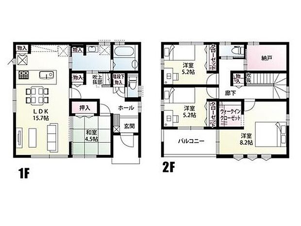 【4LDK＋1S(納戸)】広々３帖の納戸、ウォークインクローゼットなど収納豊富です！キッチンから浴室まで一直線と水廻り動線に優れた間取り！フルフラットキッチンで食洗機付き！4.5帖の便利な続き間和室があります！