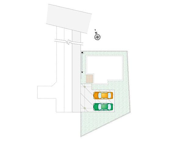 【4LDK＋1S(納戸)】並列2台駐車可能です。駐車場の南側で家庭菜園やガーデニングもお楽しみいただけます。