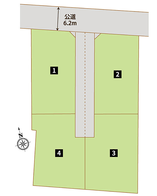 【【全体区画図】】閑静な住宅街に立地した全4区画の分譲地です！前面道路はゆとりのある幅で、お車の出し入れもスムーズに行えます。嬉しい都市ガス・本下水エリア♪
