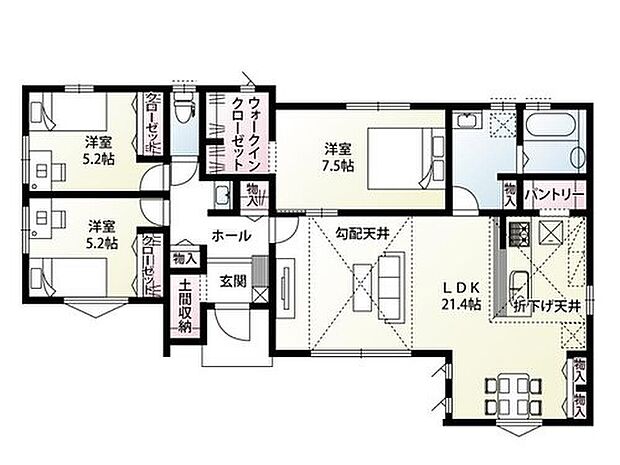 【3LDK】3LDK平屋建ての一邸。LDKは広々21.4帖です。勾配天井があり開放感抜群のご家族のくつろぎの場所。玄関ホールに洗面台があり、帰宅後すぐの手洗いが身に付きます!土間収納・パントリー・ウォークインクローゼットがあり、収納豊富な間取りです!