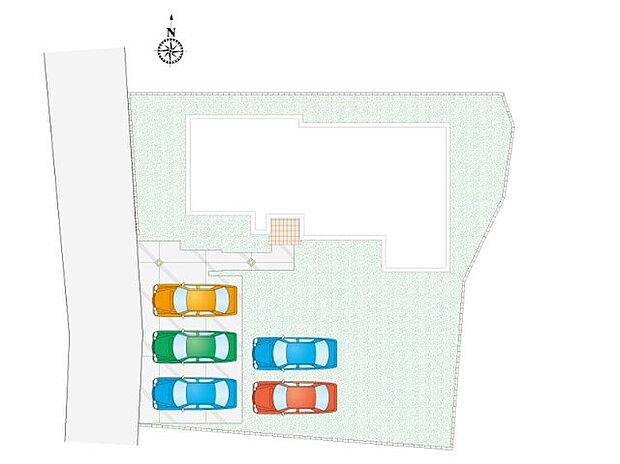 【【全体区画図】】駐車5台以上可能+南庭付き!ご家族の増車や来客時も駐車スペースに困りません!ご友人を招いてお庭でBBQやお子様用プールを出したりと夢が広がりますね。