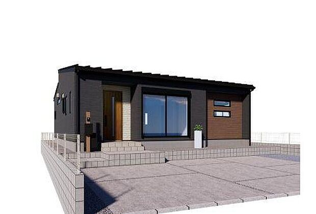 【【1号棟　建物外観イメージパース】】太陽光発電システム搭載物件です！土地65.43坪。並列4台駐車可能のゆとりある敷地です。