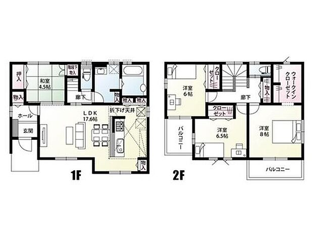 【4LDK】周りをぐるっと回れるアイランド風キッチンで家事ラク動線！浴室は1.25坪と通常より洗い場が広く、ゆとりある広さで毎日快適！2階の洋室は全室6帖以上の広さを確保し、プライベート時間も充実させられる間取りです。