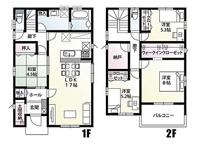 土間収納や納戸、ウォークインクローゼットを備えた収納豊富な間取りです！
LDK・玄関ホール・廊下の3方向から出入り可能な和室は、お子様の遊び場や客間としても使用できる便利な一室◎
南向きのバルコニーで洗濯物も気持ちよく乾かせます♪
 