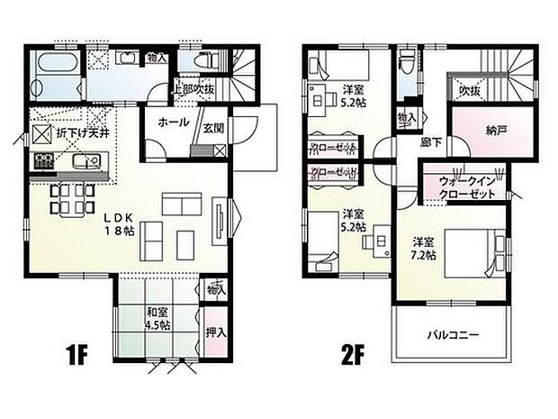 【4LDK+1S(納戸)】18帖のLDKを中心に水回りへの移動がしやすい動線。LDKと隣接する和室は襖がないので、22.5帖の開放的な空間としてもお使いいただけます。