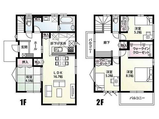 【4LDK】LDKは16.7帖に4.5帖の和室が続き間になり、広々とした空間としてお使いいただけます。2F廊下には物干し金物が付いているので、花粉や天気を気にせず洗濯できます。