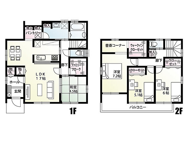 【4LDK】パントリーは、LDK・洗面脱衣室の両方から出入り可能なウォークスルータイプを採用！家事動線の考えられた間取りです。