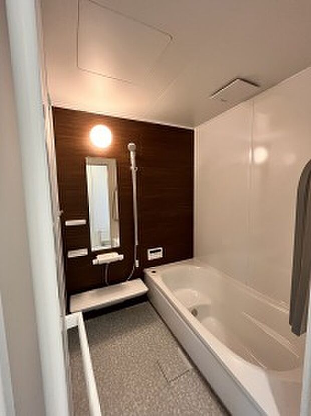 落ち着いた色のアクセントパネルを採用した1坪バスルーム(2023年11月撮影)