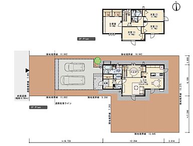 土地面積：セットバック約40.75m2を要す、土地の一部に都市計画道路あり）
※プラン図は図面を基に描いておりますので実際と多少異なる場合があります。 家具・小物・外構は価格に含まれます。洗濯機・冷蔵庫・車は価格に含まれません。 