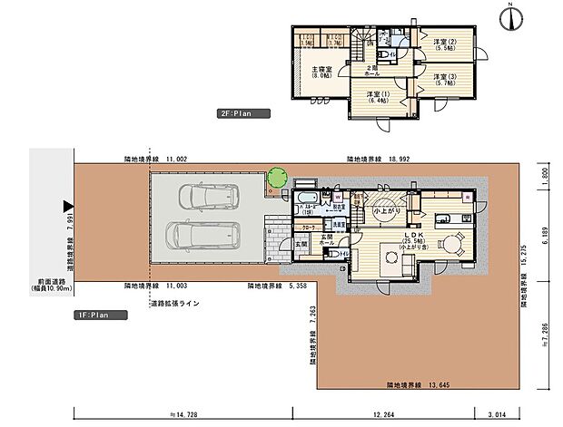 【4LDK】土地面積：セットバック約40.75m2を要す、土地の一部に都市計画道路あり）
※プラン図は図面を基に描いておりますので実際と多少異なる場合があります。 家具・小物・外構は価格に含まれます。洗濯機・冷蔵庫・車は価格に含まれません。