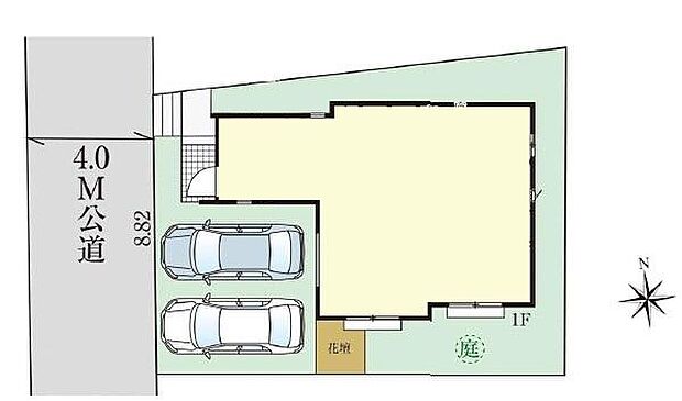 ☆全体区画図☆
カースペース並列２台可能です。
敷地広々37.9坪。
お庭や花壇のあるゆとりのある敷地です♪