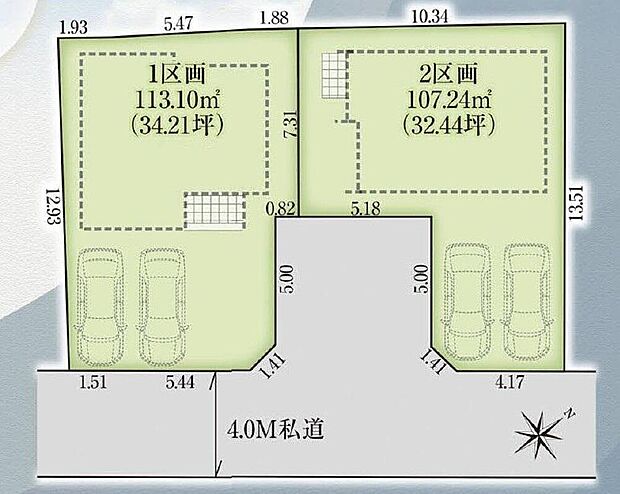 ☆全体区画図☆
カースペース２台可能です。
南東道路に面し、陽当り良好です♪