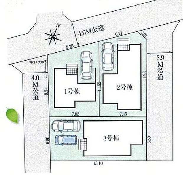 ☆全体区画図☆
カースペースございます。（３号棟は並列２台可）
１、２号棟は角地のため、陽当り・通風良好です♪