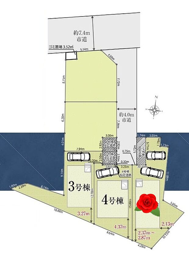☆全体区画図☆
カースペースございます。（５号棟は２台可）
南側にゆとりがあり、陽当り良好です♪