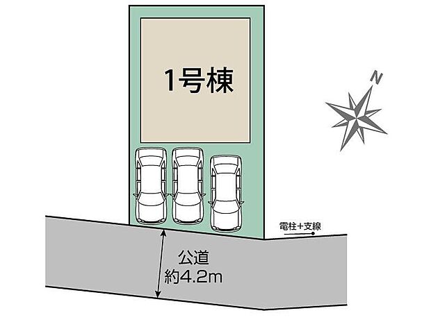 ☆全体区画図☆
カースペース並列3台可能です。
南側道路に面し、陽当り良好です♪