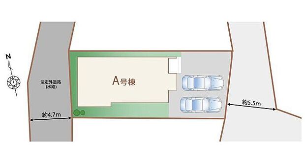 ☆全体区画図☆
2台を並列駐車できるゆとりあるカースペース♪
周辺は交通量が少ないので小さなお子様がいても安心です♪