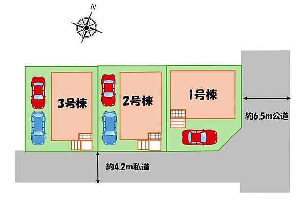 ☆全体区画図☆
カースペース2台可!全棟南向きの3棟です♪