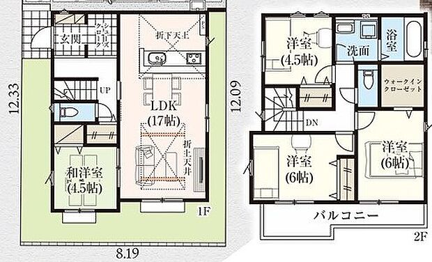 4LDK（98.12m2）。17帖LDKと1階和洋室4.5帖、2階は洋室6帖×2・4.5帖、WIC・洗面・浴室・バルコニーを備え、収納充実で家事動線良好なプランです。