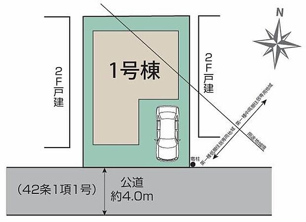 ☆全体区画図☆
駐車スペース1台分確保♪
車通りの少ない前面道路なので小さなお子様がいても安心です。
