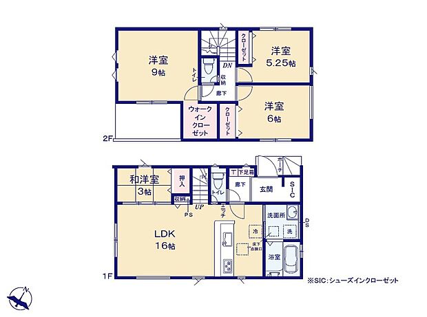 【間取り図（4LDK）】1階は16帖LDKと3帖和洋室、浴室・洗面・SICを配置。2階は9帖・6帖・5.25帖とウォークインクローゼット、バルコニーあり。駐車1台、建物面積95.02m2。