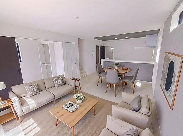 【☆LivingRoom☆】広々16帖のLDK！対面キッチンからはLDK全体を見渡せます♪日当たりもよく、広々としたリビング。ゆったりとした家族のお時間を。
※家具をCGで加工しています。家具付き販売ではございません。