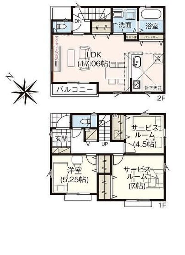 【1LDK+2S】●明るい陽射しが入る2階リビング♪
●キッチン横には日用品や食品ストックに便利なパントリー付き♪
●1階の納戸は居室や収納部屋としても◎ライフスタイルに合わせてご利用いただけます♪
