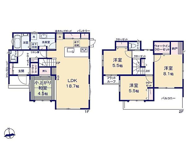 【3LDK】○１８帖超リビングは開放感溢れる折上天井
○家事を手助けする食洗機・浄水器付対面キッチン
○モダンな小上がり和室
○収納豊富