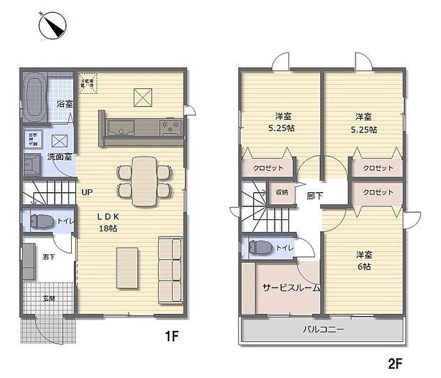 【間取図:3LDK+サービスルーム】1階はLDK18帖と浴室・洗面・トイレ、2階は洋室3室(5.25帖×2・6帖)+サービスルームとバルコニー、収納多数の間取りです。
