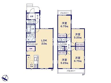 ○LDK広々22帖☆対面式キッチン＆リビングイン階段プラン♪パントリー付き！○2部屋から出入り可能な開放的なバルコニーを完備◎○2階に居室を集約し、快適なプライベートタイムを演出♪ 