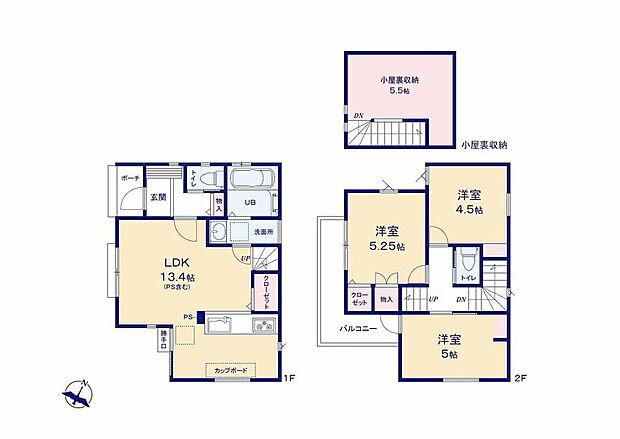 【3LDK】リビング3面採光＆全居室2面採光の明るい間取り♪季節物の収納にも便利な小屋裏収納♪ホスクリーン付きなので雨の日も安心♪2部屋から出入り可能なL型バルコニーでお洗濯も快適♪