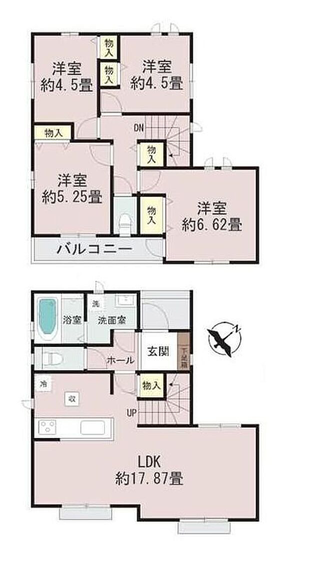 【4LDK】LDK広々17帖超☆3面採光でいつでも明るい印象です♪
対面式キッチン&リビングイン階段採用!パントリーをご用意☆
全居室収納完備☆2部屋から出入り可能なバルコニー付き!