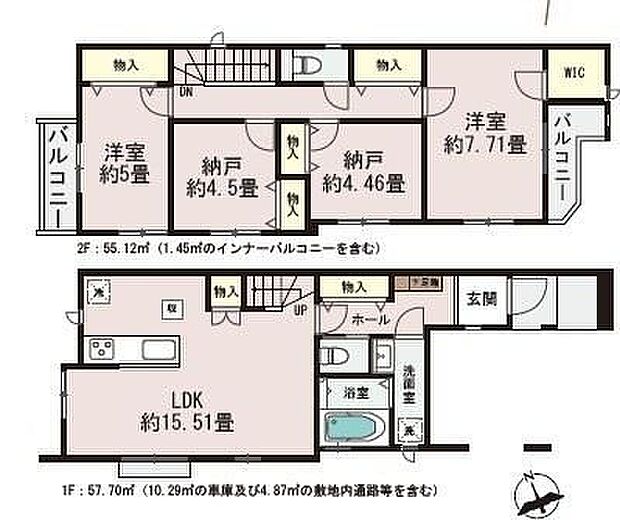 【2LDK+2S】対面式キッチンとリビングイン階段採用で家族のコミュニケーションを大切にした設計☆お部屋としても利用可能な窓付きの納戸。
WICも完備!お部屋がスッキリ片付きます♪