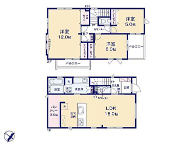 広々18帖のLDK！フルオープンキッチンからはLDK全体を見渡せます♪キッチンには食料品のストックにも便利なパントリー付き◎２階は勾配天井の居室とワイドバルコニーで開放的な空間です♪ 