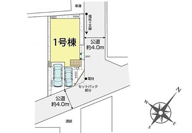 【☆全体区画図☆】カースペース２台分ございます。（うち小型車1台）
角地のため、陽当り・通風共に良好です♪