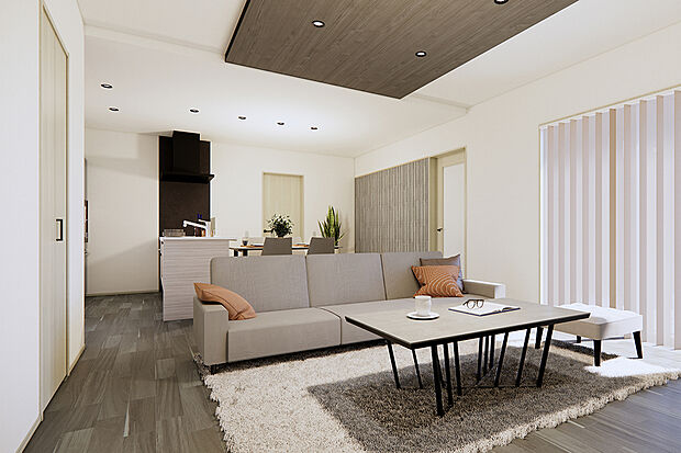 折り下げ天井とエコカラットが印象的なLDK。落ち着いた雰囲気♪/8号地完成予想パース