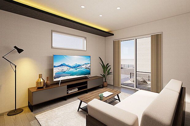 柔らかな照明でゆったりとくつろげる、ウッドデッキと繋がる憩いのリビング。/2号地完成予想パース