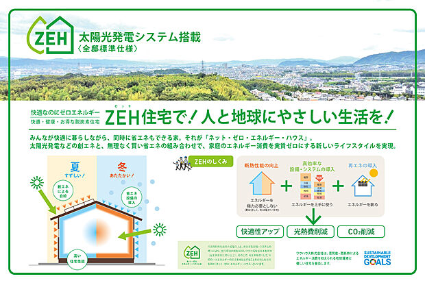 【ZEH住宅】太陽光発電システム全邸標準搭載!断熱性能の向上で、夏涼しく冬暖かい家へ。冬暖かい家は部屋の温度差が少なくなり、ヒートショックリスク軽減ができ、快適に暮らしながら環境問題にも配慮できます。
