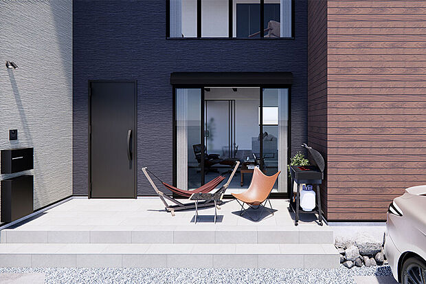 【玄関ポーチ│遊び場としても活躍!】夏にはプールを出して水遊びもできる、広い玄関ポーチ!/3号地完成予想パース