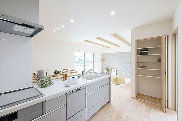 【キッチン|収納力ばっちり!】キッチンの横にはパントリーを設けました。調理家電や食器をきれいに収納できます。/13号地