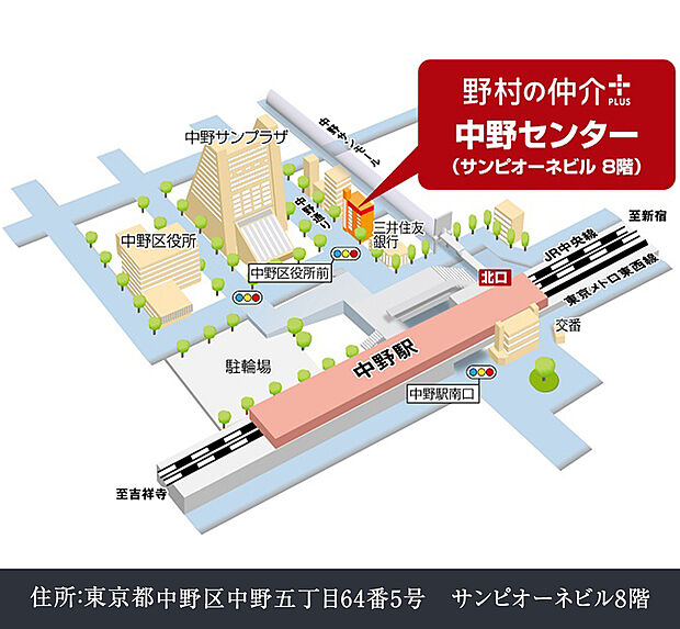 【ご案内受付場所】
ご案内受付場所は現地とは異なり、「野村の仲介 中野センター」でのご案内となります。ご見学予約受付中です。