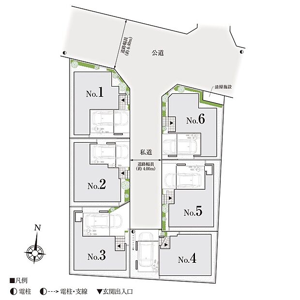 【配置図】【配置図】
私道が育む「家族だけの静域」。通り抜けのない安心と、全6邸の洗練された街並み。