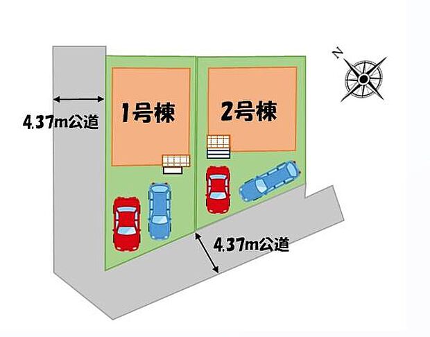 【全体区画図】カースペース2台分ございますので、家族分の自転車を駐輪したり、来客用の駐車スペースとしてもお使いいただけます♪どうぞご覧ください♪