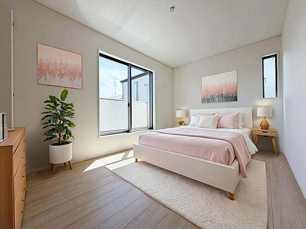 【リビング以外の居室】2面採光です。光を取り入れやすのはもちろんですが、建物全体の窓の数も増えておりますので、換気性能に優れた物件です。窓を開ければ家中を気持ちの良い風が通り抜けます。※家具はCG合成しております
